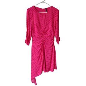 Zara TRF Collection Pink Black Polkadot Ruched Asymmetric Dress 3/4 Sleeves Sz M